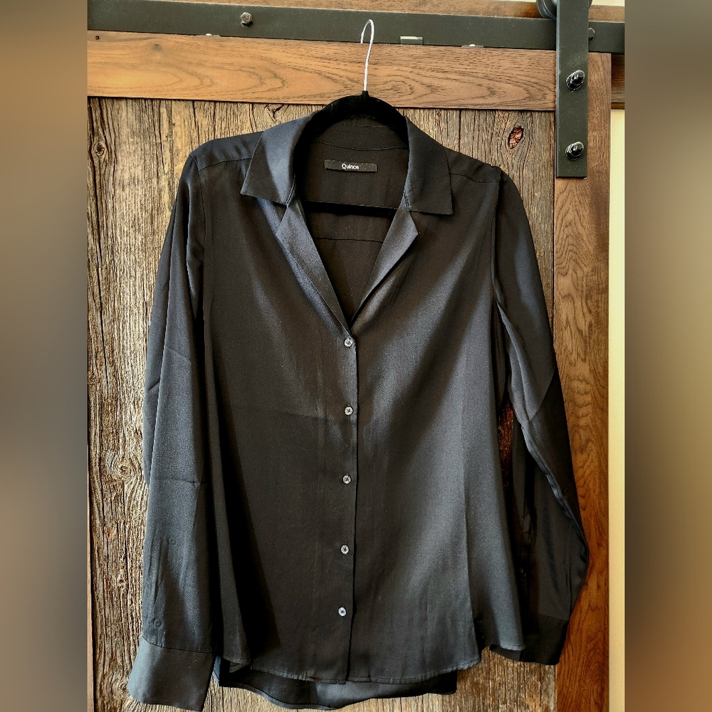 Quince Washable Stretch Silk Notch Collar Blouse, Black, M